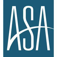 The asa logo is shown in white letters on a blue background.