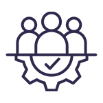 A purple icon of people and gear with a check mark.