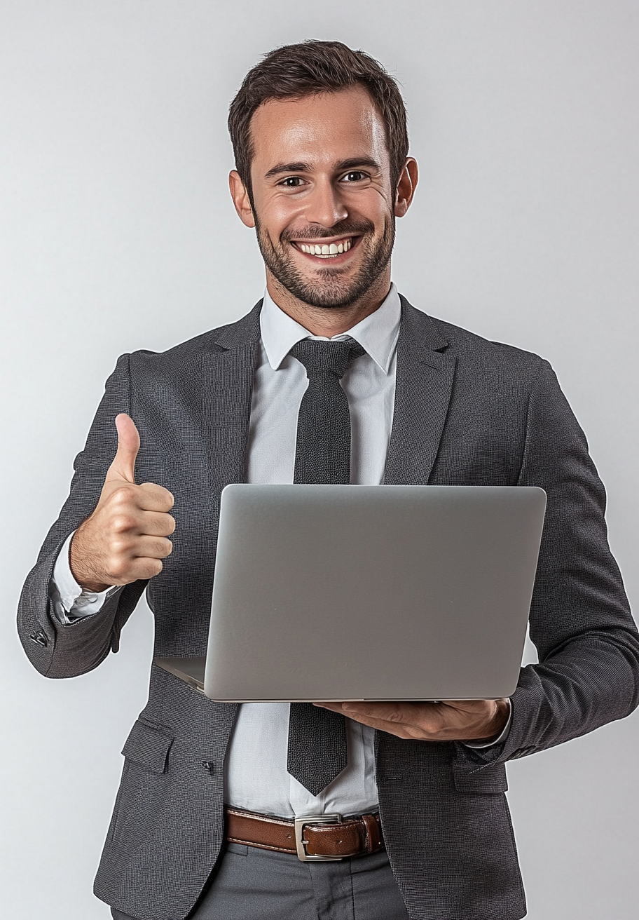 A man in a suit holding a laptop