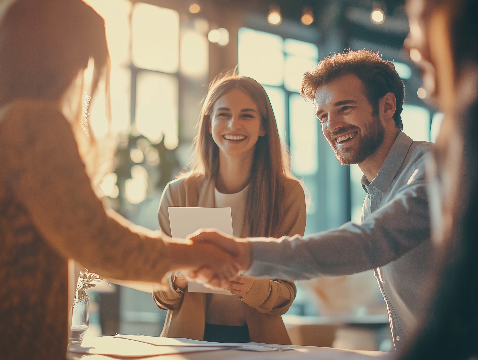 A man and woman shaking hands over a table.