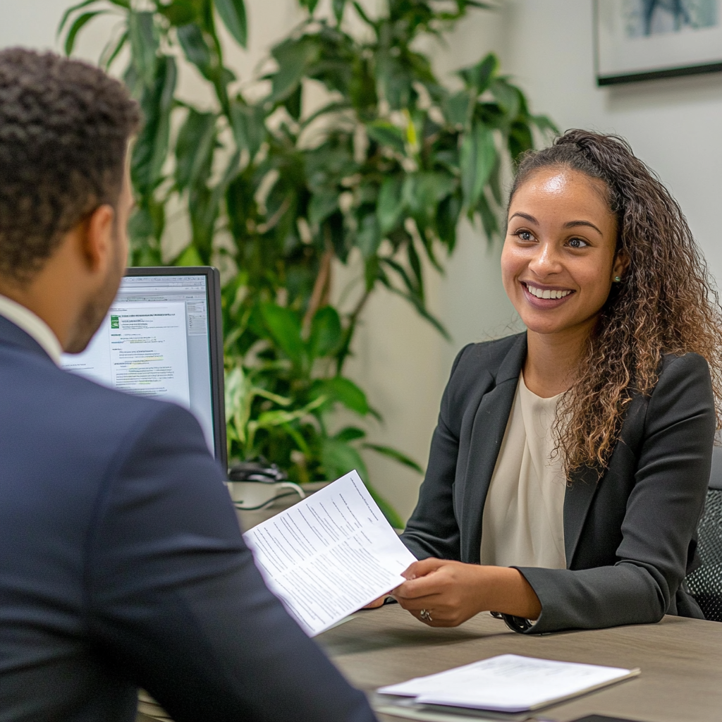 A woman is smiling while interviewing someone.